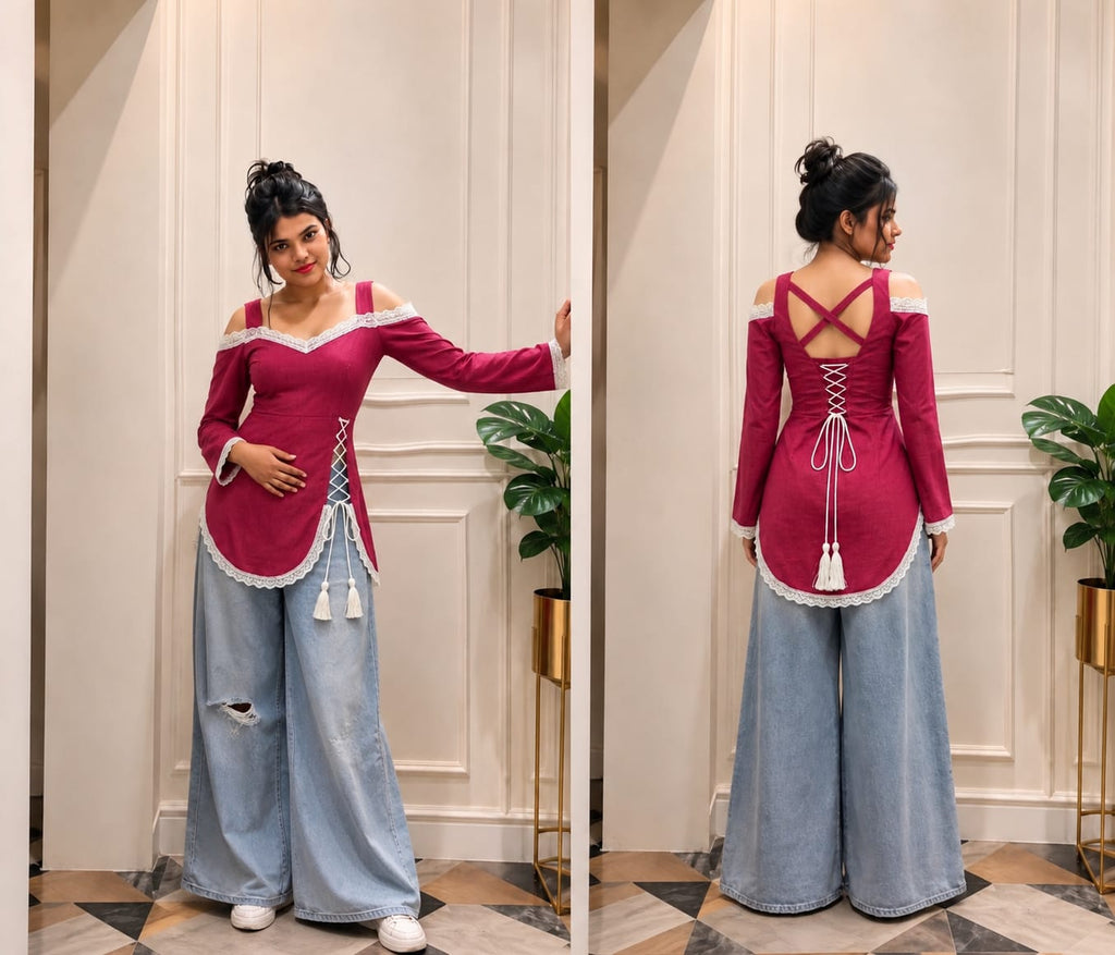 pink corset front slit kurti