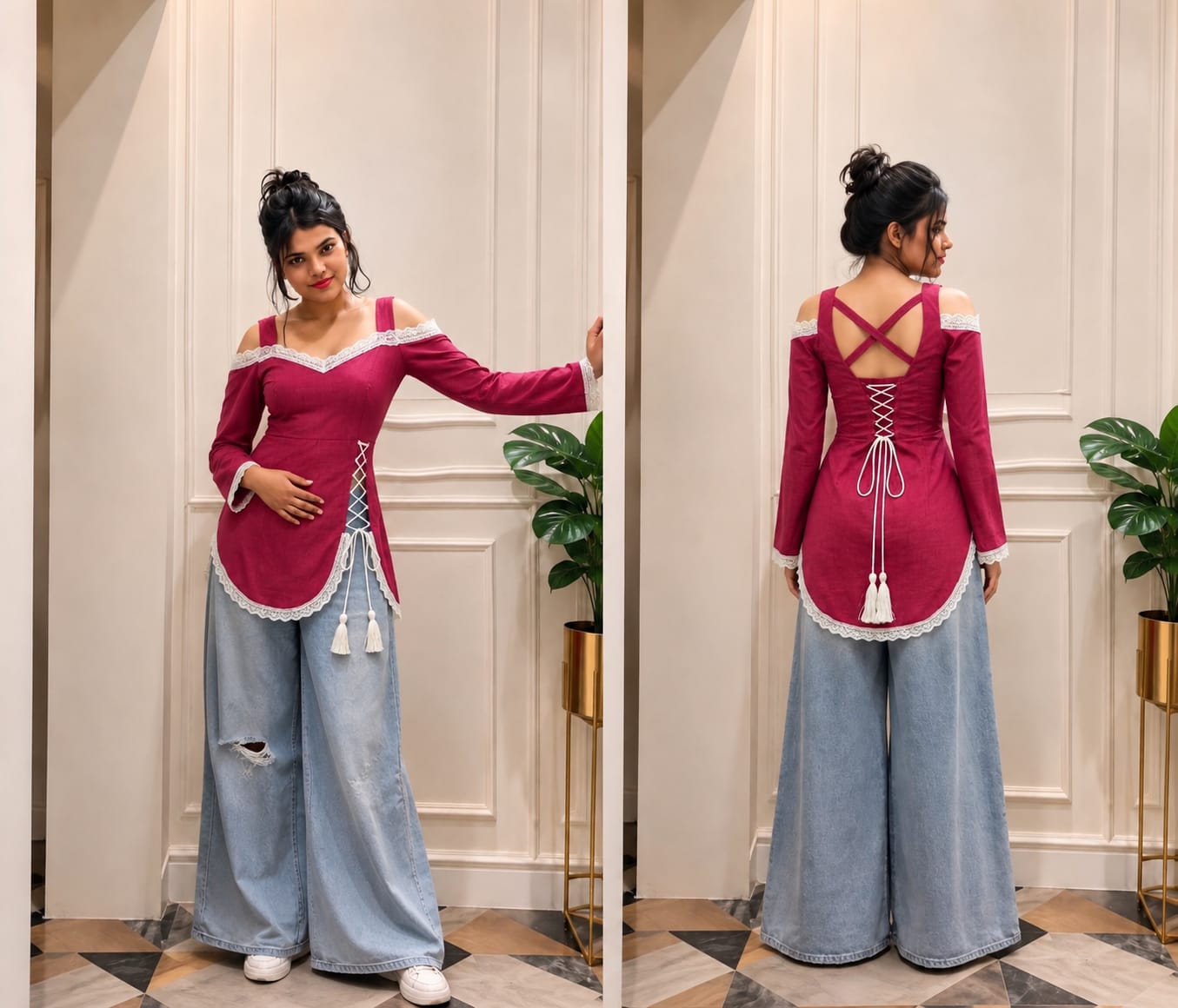 pink corset front slit kurti