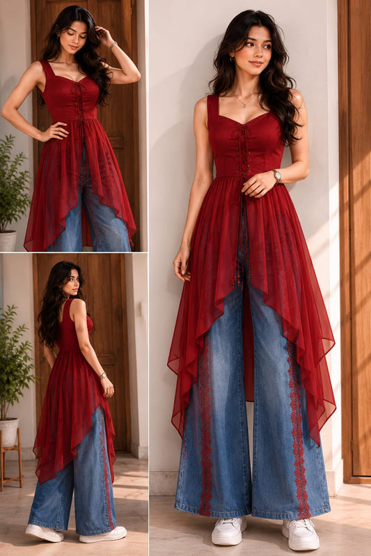 RED TRENDY HIGH LOW KURTI