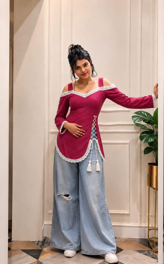 pink corset front slit kurti